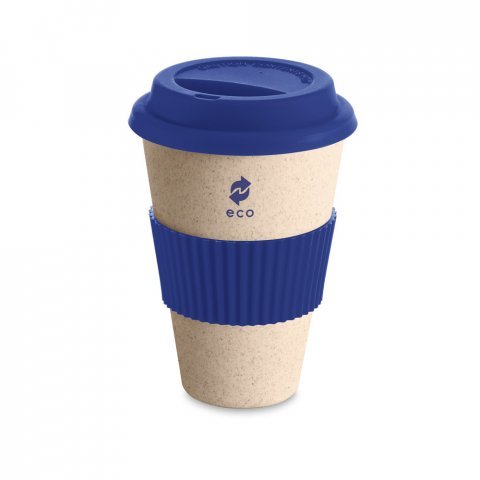 CINNAMON. Copo para viagem em fibra de bambu, casca de arroz e melamina 450 mL - Azul royal