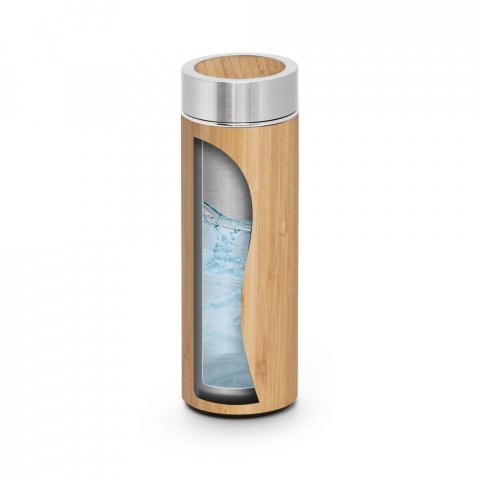 NATUREL. Garrafa em a&ccedil;o inox 90% reciclado e bambu de parede dupla t&eacute;rmica, isolada a v&aacute;cuo (430 mL) - Natural