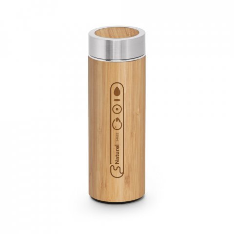 NATUREL. Garrafa em a&ccedil;o inox 90% reciclado e bambu de parede dupla t&eacute;rmica, isolada a v&aacute;cuo (430 mL) - Natural