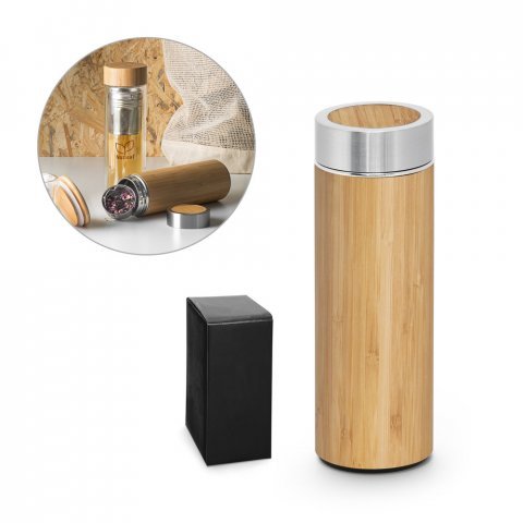 NATUREL. Garrafa em a&ccedil;o inox 90% reciclado e bambu de parede dupla t&eacute;rmica, isolada a v&aacute;cuo (430 mL)
