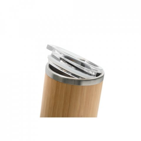 LYCKA. Copo de viagem em a&ccedil;o inox e bambu, t&eacute;rmico com parede dupla isolada a ar e fecho deslizante (350 mL) - Natural