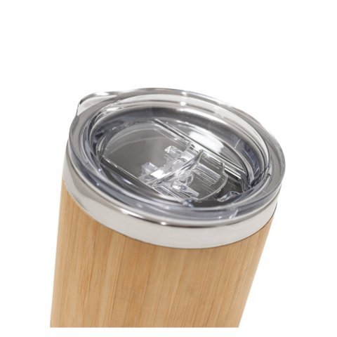 LYCKA. Copo de viagem em a&ccedil;o inox e bambu, t&eacute;rmico com parede dupla isolada a ar e fecho deslizante (350 mL) - Natural