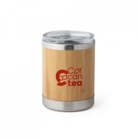 LYCKA. Copo de viagem em a&ccedil;o inox e bambu, t&eacute;rmico com parede dupla isolada a ar e fecho deslizante (350 mL) - Natural