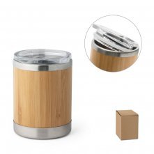 LYCKA. Copo de viagem em a&ccedil;o inox e bambu, t&eacute;rmico com parede dupla isolada a ar e fecho deslizante (350 mL)