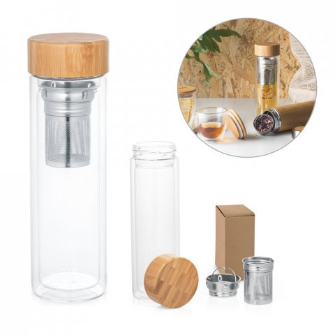 MAKAROVA. Garrafa em vidro borossilicato de parede dupla t&eacute;rmica, isolada a ar, com 2 infusores (490 mL)