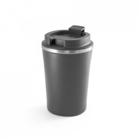 PHELPS. Copo de viagem em a&ccedil;o inox e PP, t&eacute;rmico com parede dupla isolada a v&aacute;cuo (470 mL) - Cinza escuro