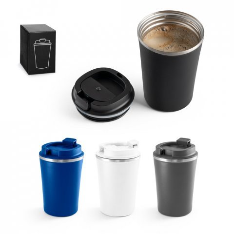 PHELPS. Copo de viagem em a&ccedil;o inox e PP, t&eacute;rmico com parede dupla isolada a v&aacute;cuo (470 mL)