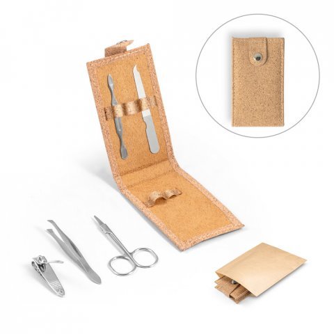 ZENA. Conjunto de manicure em corti&ccedil;a com pe&ccedil;as em a&ccedil;o inox