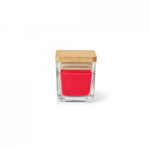 ESSENCE. Vela arom&aacute;tica, de 50 g., em copo de vidro com tampa em bambu - Vermelho