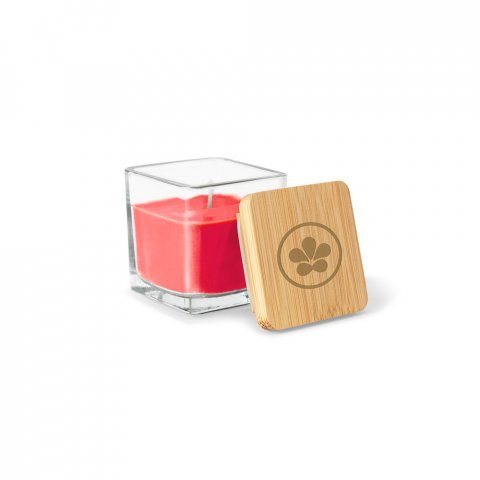 ESSENCE. Vela arom&aacute;tica, de 50 g., em copo de vidro com tampa em bambu - Vermelho