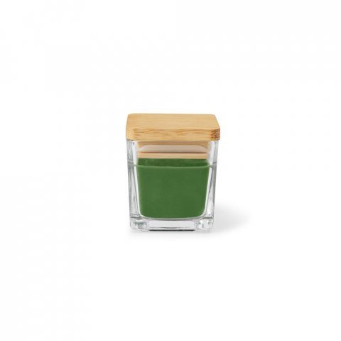 ESSENCE. Vela arom&aacute;tica, de 50 g., em copo de vidro com tampa em bambu - Verde