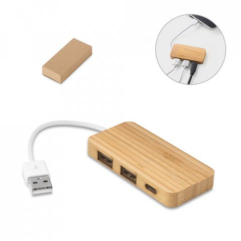 MOSER. Hub em bambu com 2 portas que permite a transfer&ecirc;ncia de dados
