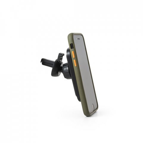 KOCH. Carregador magn&eacute;tico por indu&ccedil;&atilde;o super-r&aacute;pido com a funcionalidade de suporte para carro, em ABS 60% reciclado e silicone - Preto