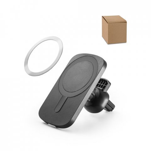 KOCH. Carregador magn&eacute;tico por indu&ccedil;&atilde;o super-r&aacute;pido com a funcionalidade de suporte para carro, em ABS 60% reciclado e silicone