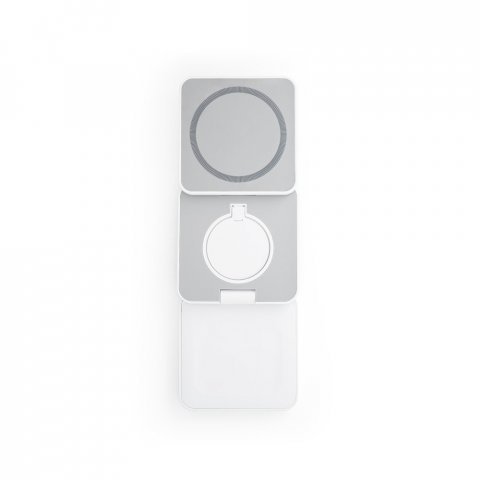 BROGLIE. Carregador magn&eacute;tico por indu&ccedil;&atilde;o super-r&aacute;pido, dobr&aacute;vel, que permite carregar tr&ecirc;s dispositivos simultaneamente, em ABS 100% reciclado - Branco