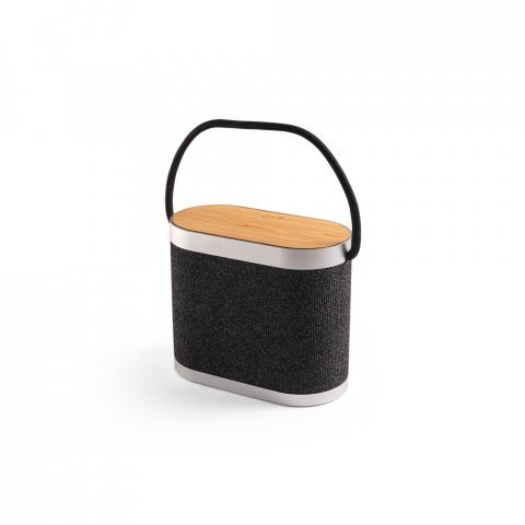GUETTA. Caixa de som de 5W com carregador por indu&ccedil;&atilde;o super-r&aacute;pido e autonomia de 2h (1.200 mAh), em bambu e PET 100% reciclado - Cinza escuro