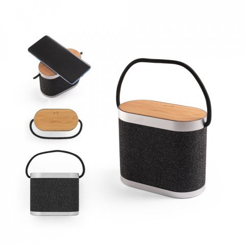 GUETTA. Caixa de som de 5W com carregador por indu&ccedil;&atilde;o super-r&aacute;pido e autonomia de 2h (1.200 mAh), em bambu e PET 100% reciclado